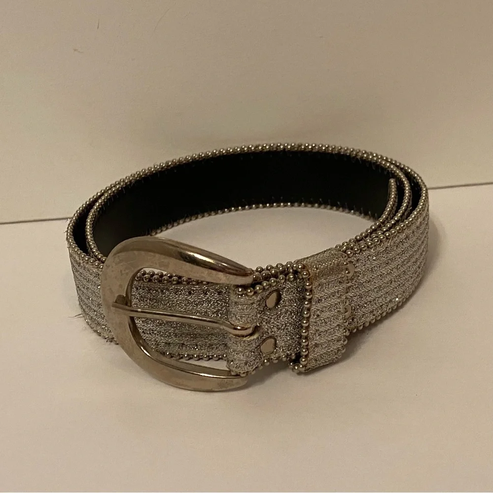 THE ICING BELT SILVER SPARKLE GLITTER METALLIC BEADED EDGES VINTAGE SIZE L